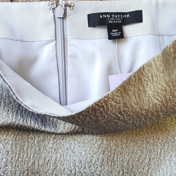 NWT Reg $95 Ann Taylor Silk Petite silver Gold metallic skirt size 8P - Picture 3 of 6